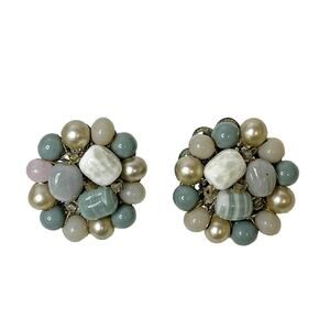 Vintage Faux Pearl Bead Cluster Clip On Earrings Mixed Stone Costume Jewelry